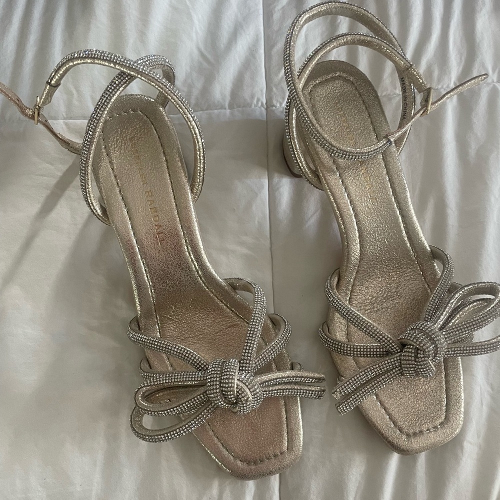 loeffler randall rhinestone heels Mikel Cappuccino Bow Mid−Heel Sandals